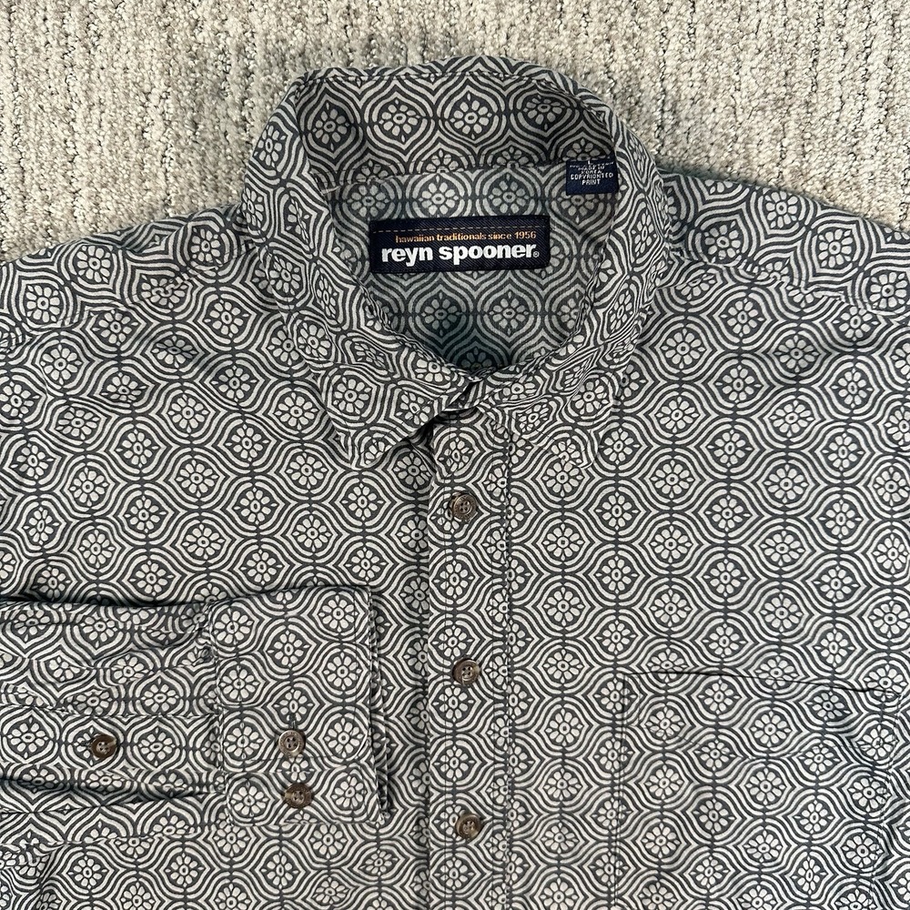 Reyn Spooner Shirt Mens Large Blue Geometric Hawaiian Tropical Aloha‎ Tiki Beach